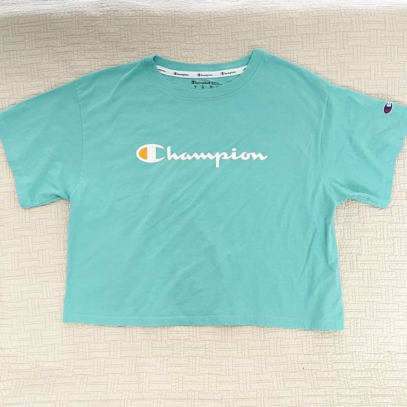 Champion Cropped Tshirt Oversized M L Top Bundle Short Sleeves Knit Yellow Aqua - Picture 9 of 16